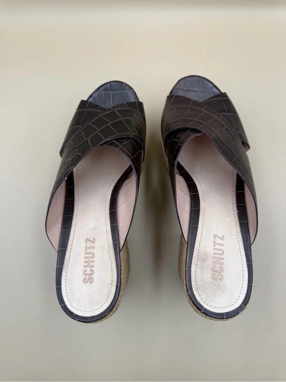 Schutz Brown Croc Embossed Platform Mule Sandals Size 9B
